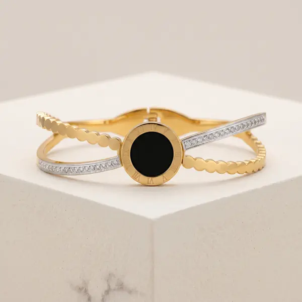 Eclipse Roman Numeral Bangle – Luxury Crossover Hinge Bracelet in Gold & Onyx Black