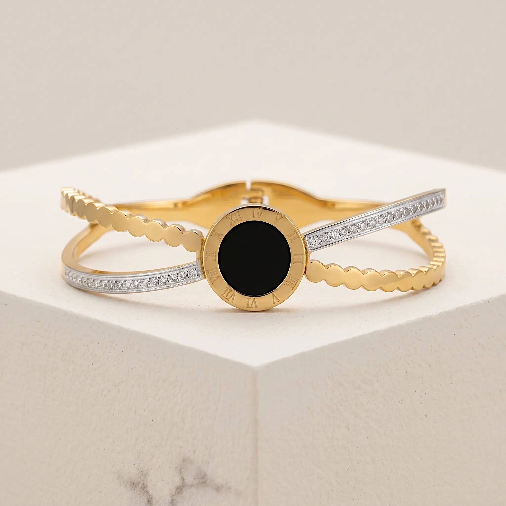 Eclipse Roman Numeral Bangle – Luxury Crossover Hinge Bracelet in Gold & Onyx Black