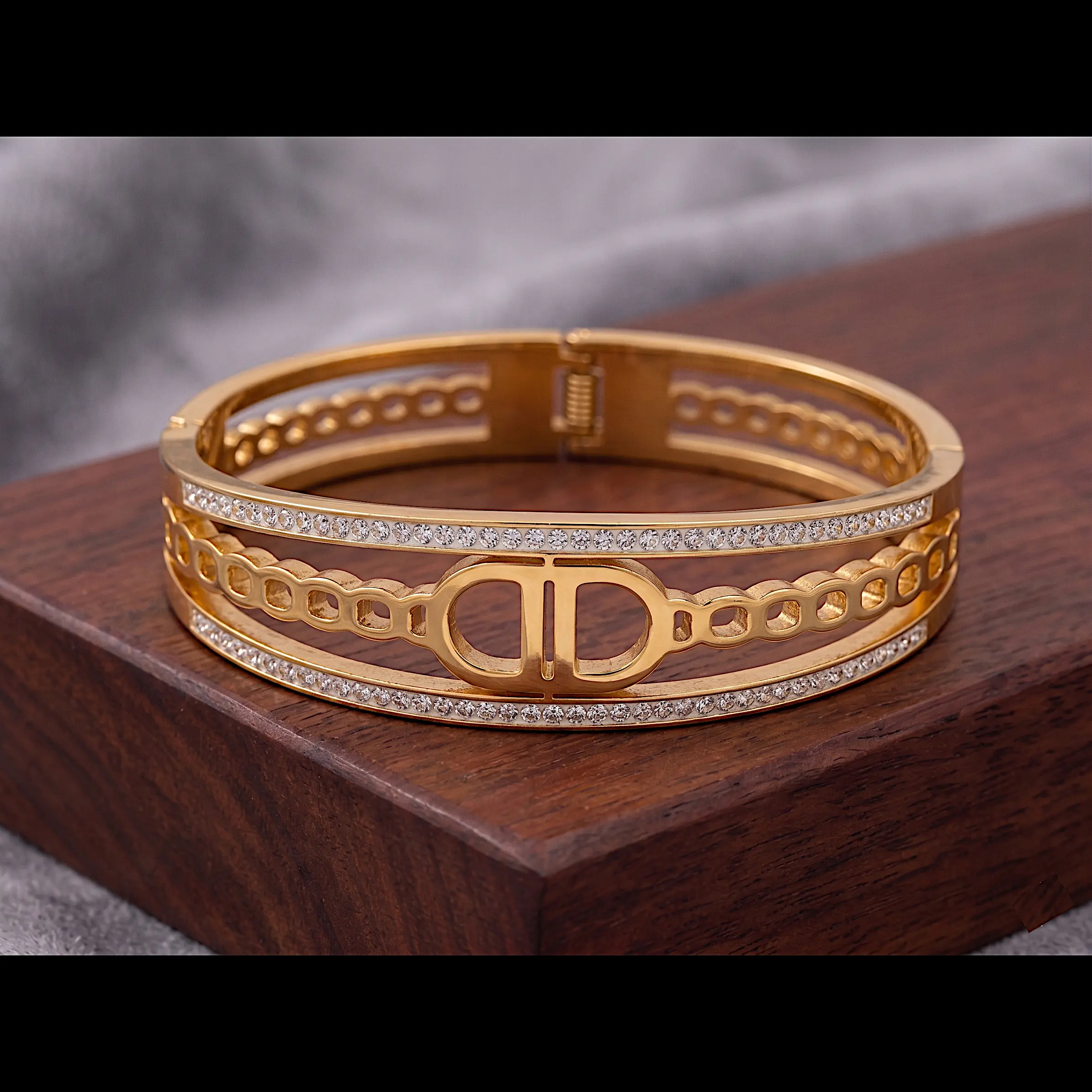 Iconic Signature Wide Bangle – Crystal-Bordered Hinge Bracelet