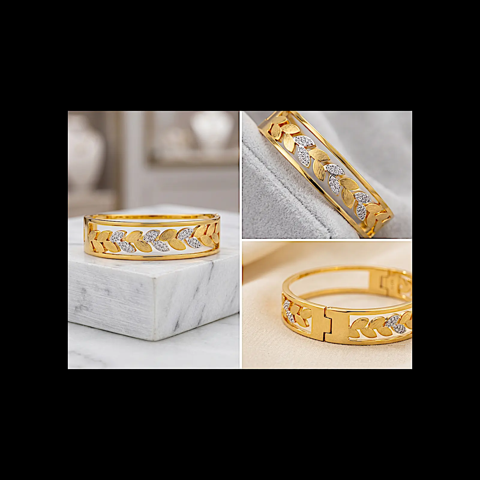 Aurora Laurel Mixed-Metal Bangle – Two-Tone Leaf Motif Hinge Bracelet - Image 2