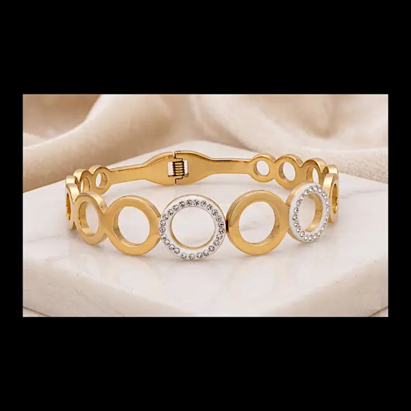 Infinity Halo Geometric Bangle – White Enamel & Crystal Hinge Bracelet