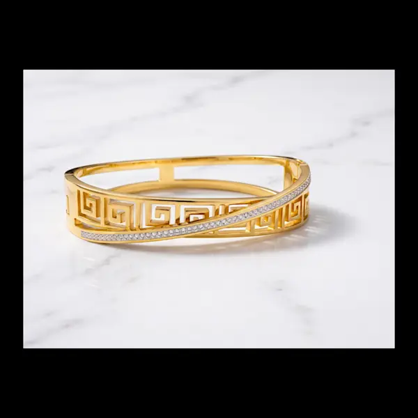 Odyssey Meander Bangle – Greek Key Crossover Hinge Bracelet in Gold