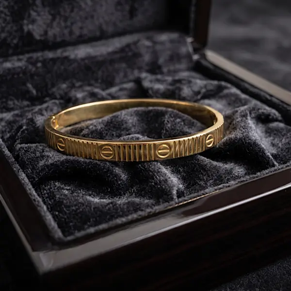 Industrial Ribbed Screw Bangle – Fluted Hinge Bracelet in 18K Gold Finish
