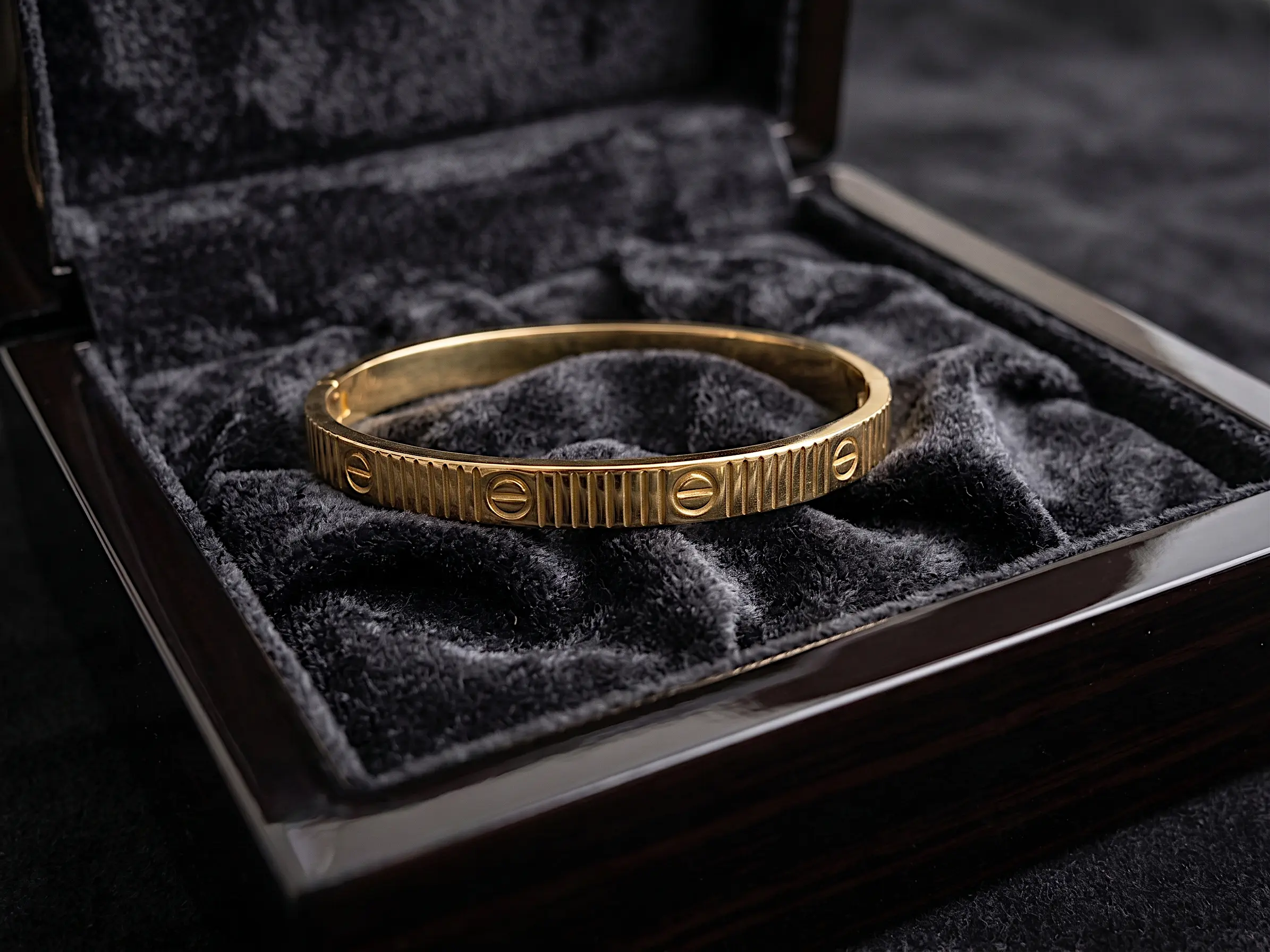 Industrial Ribbed Screw Bangle – Fluted Hinge Bracelet in 18K Gold Finish