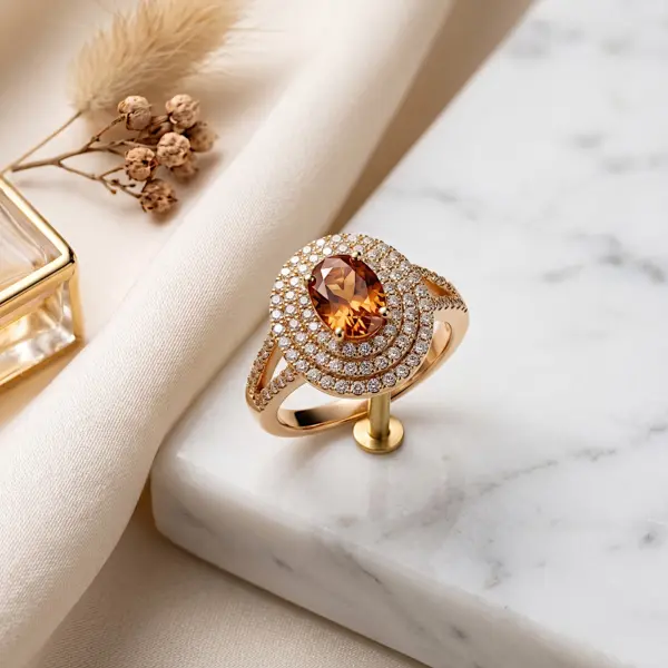 Grand Majestic Triple Halo Oval Ring – Champagne Adjustable Size