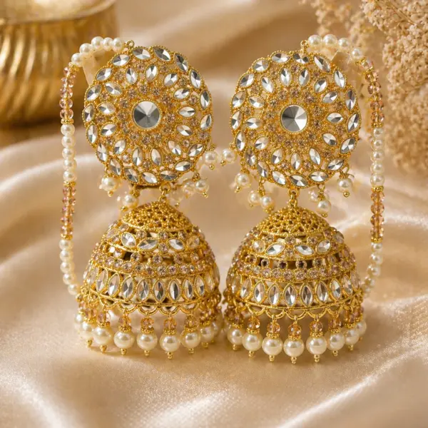 Royal Sahara Jhumkas – Oversized Gold Bell Earrings with Mirror-Work & Pearl Chains