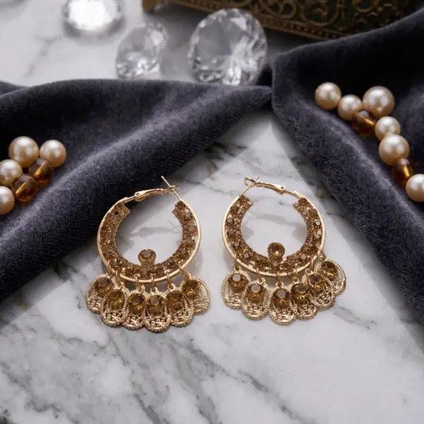 Amber Sultan Filigree Hoops – Traditional Gold Chandbali Earrings with Crystal Coins
