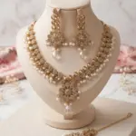 Honey Champagne Filigree Set – 3 Piece Gold Lace Necklace, Earrings & Tikka Collection