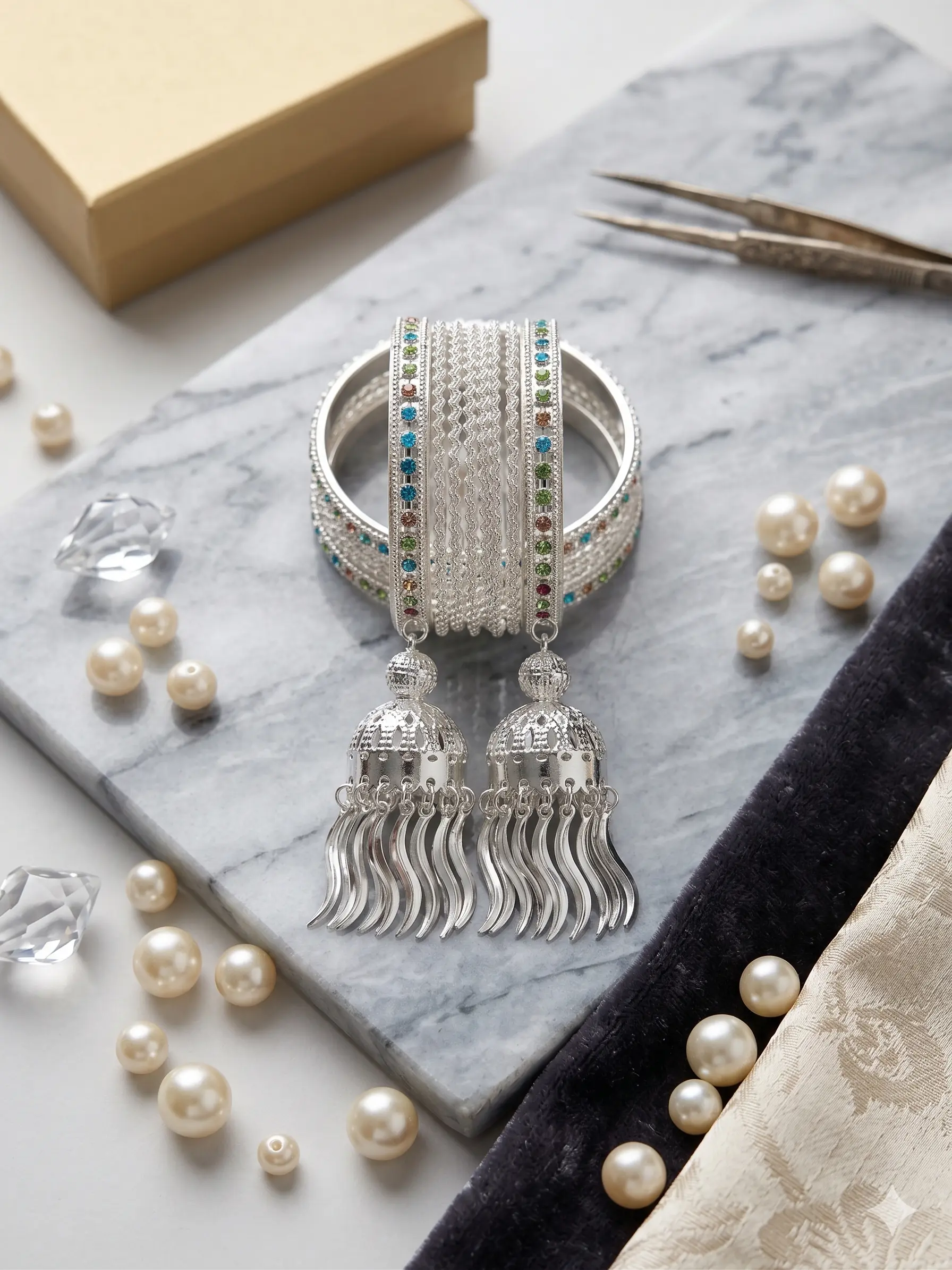 Celestial Jhumki Bangle Stack – Silver-Finish Multi-Stone Chuda Set with Hanging Charms - Image 6