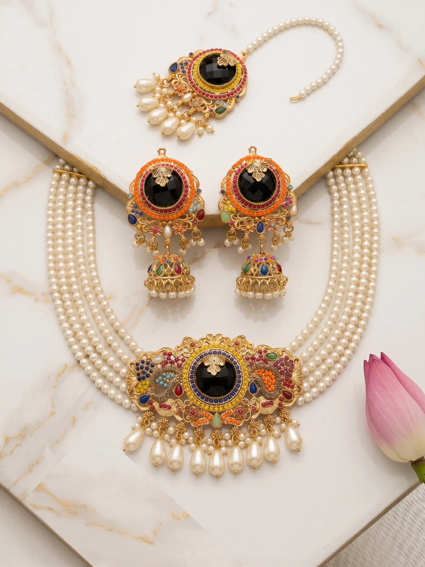 Obsidian Heritage Choker Set – 3 Piece Multi Stone Navratna & Pearl Collection - Image 2