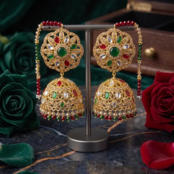Imperial Multi-Tone Sahara Jhumkas – Oversized Gold Bell Earrings with Beaded Ear Chains