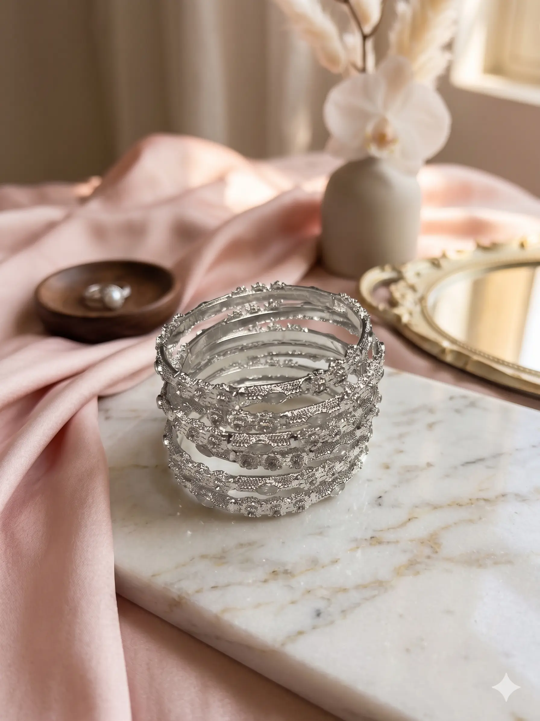 Moonlit Frost Bangle Set – 6-Piece Textured Silver-Finish Bangle Stack - Image 2