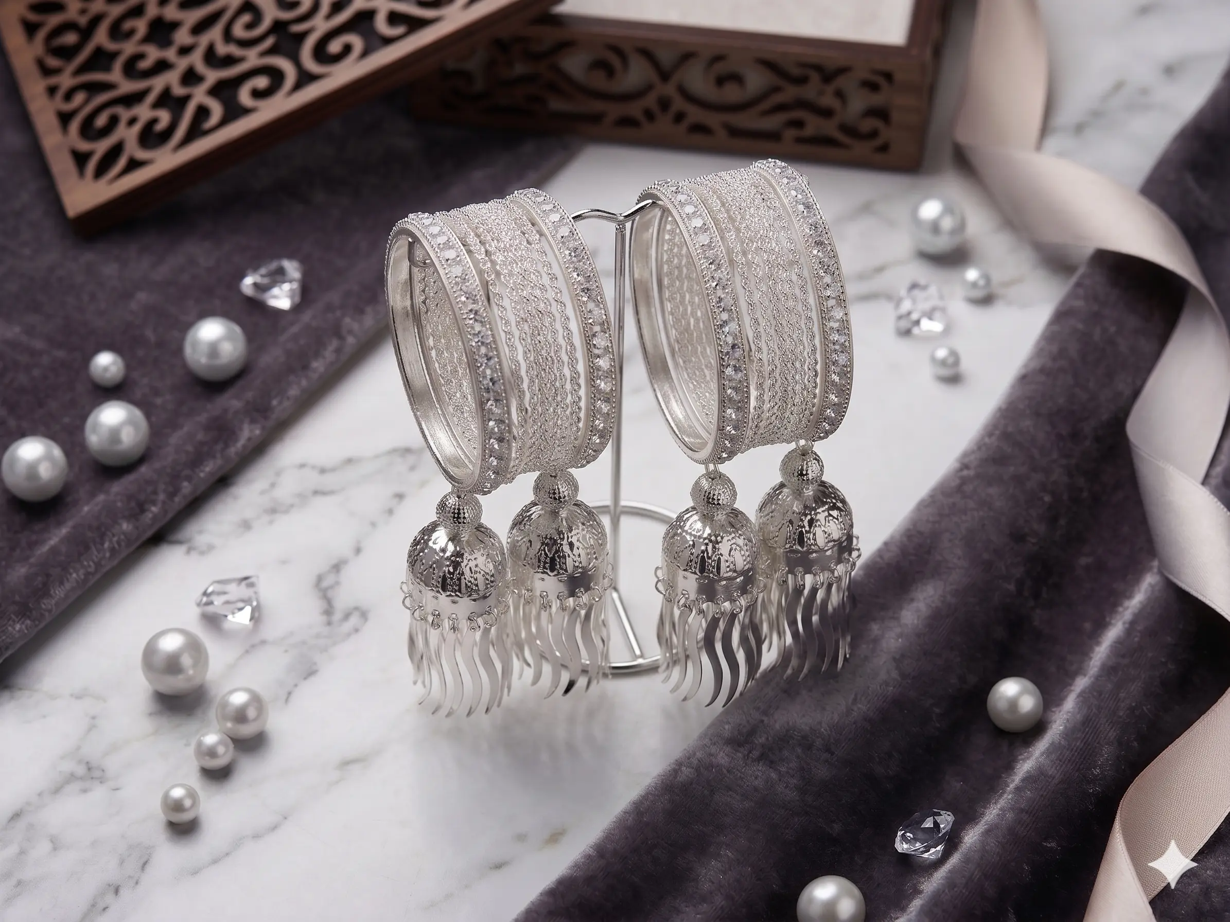 Celestial Jhumki Bangle Stack – Silver-Finish Multi-Stone Chuda Set with Hanging Charms - Image 5