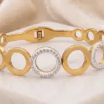 Infinity Halo Geometric Bangle – White Enamel & Crystal Hinge Bracelet