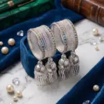 Celestial Jhumki Bangle Stack – Silver-Finish Multi-Stone Chuda Set with Hanging Charms
