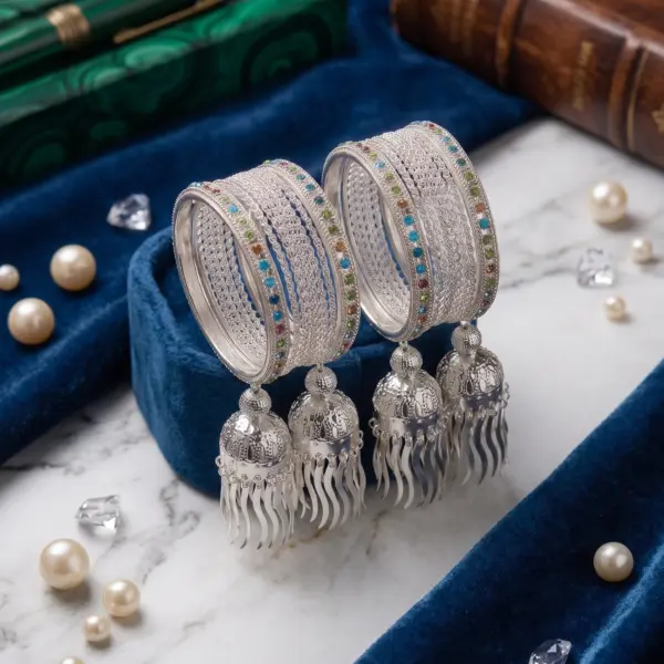 Celestial Jhumki Bangle Stack – Silver-Finish Multi-Stone Chuda Set with Hanging Charms