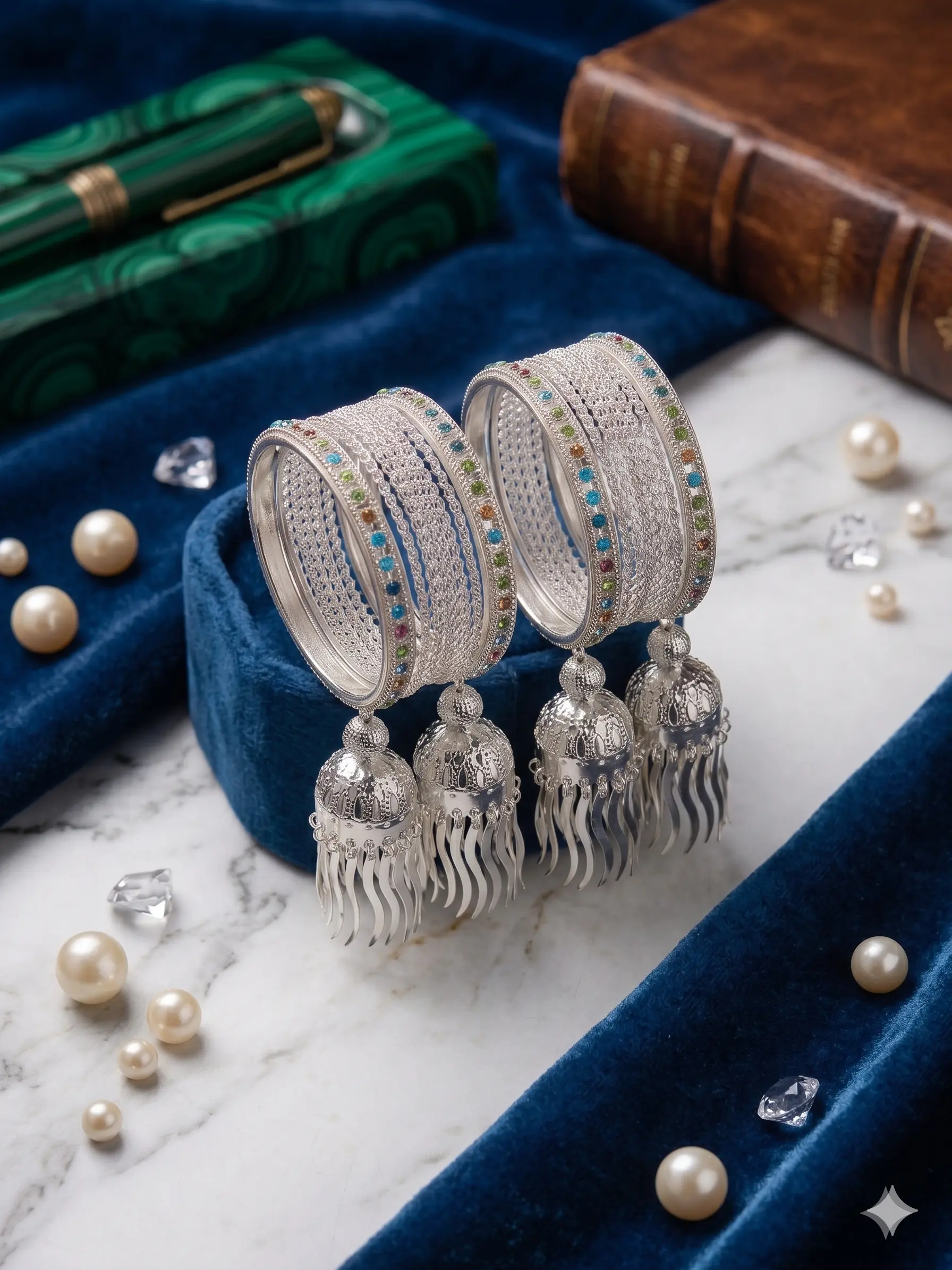 Celestial Jhumki Bangle Stack – Silver-Finish Multi-Stone Chuda Set with Hanging Charms