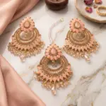 lush Blossom Tikka Set – 3-Piece Peach Chandbali Earrings & Maang Tikka Collection