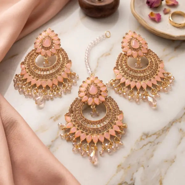 lush Blossom Tikka Set – 3-Piece Peach Chandbali Earrings & Maang Tikka Collection