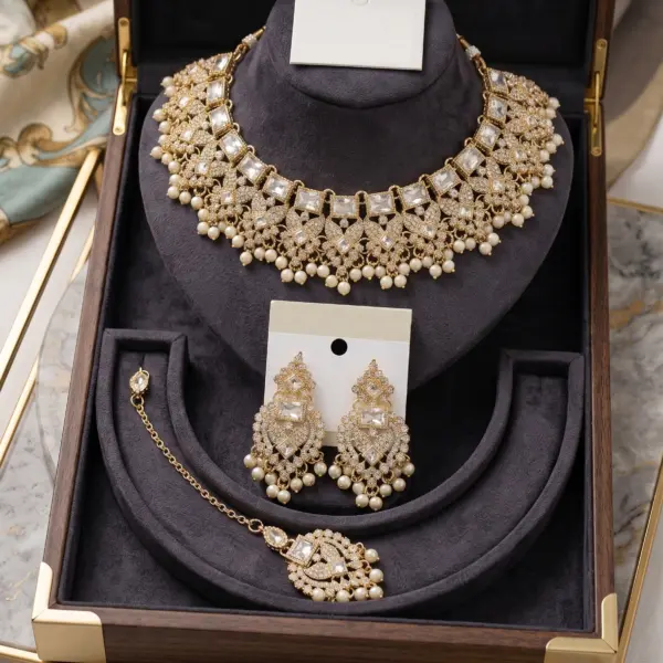 Imperial Gold Filigree Choker Set – 3 Piece Square Cut Crystal & Pearl Collection