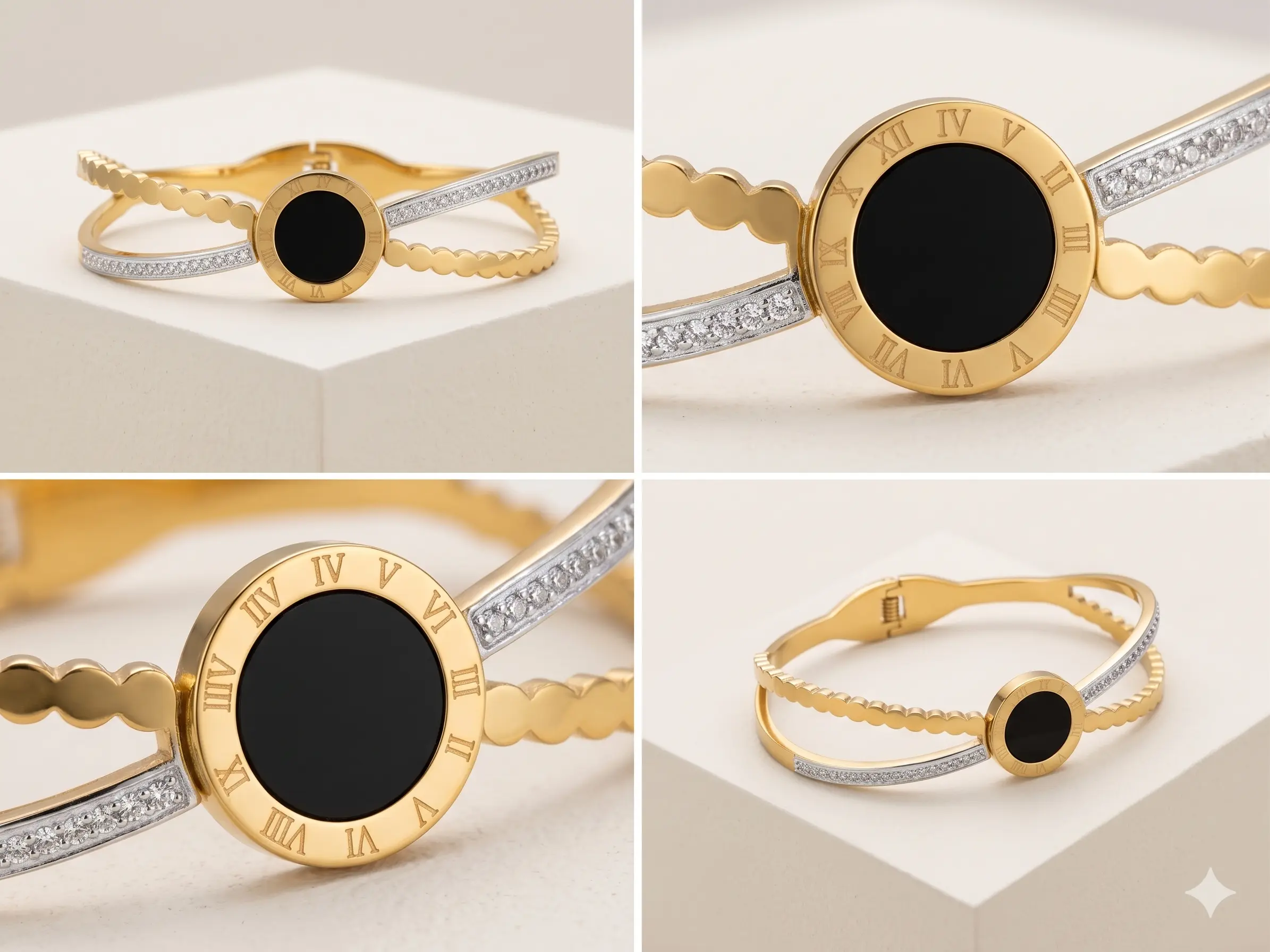 Eclipse Roman Numeral Bangle – Luxury Crossover Hinge Bracelet in Gold & Onyx Black - Image 2