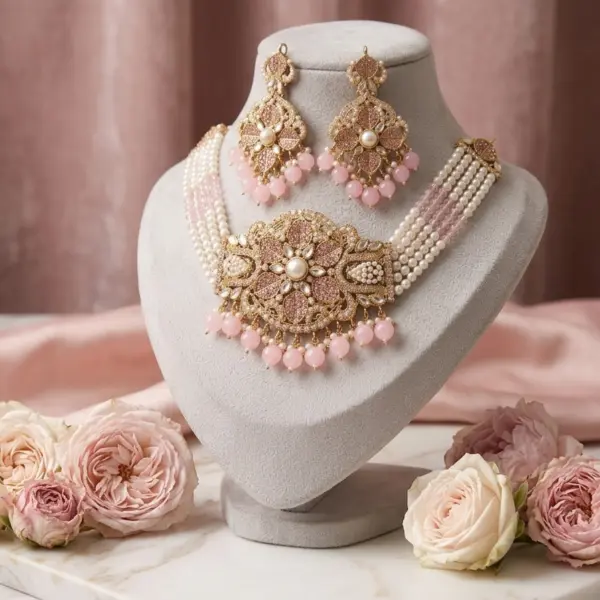 Blush Peony Pearl Choker Set – 3-Piece Floral Medallion Necklace & Drop Earrings Collection