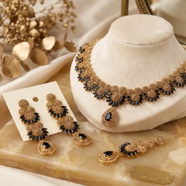 Midnight Onyx Floral Necklace Set – 3-Piece Gold & Black Crystal Statement Collection
