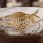 Golden Laurel Feather Bangle – Crystal-Accented Leaf Hinge Bracelet