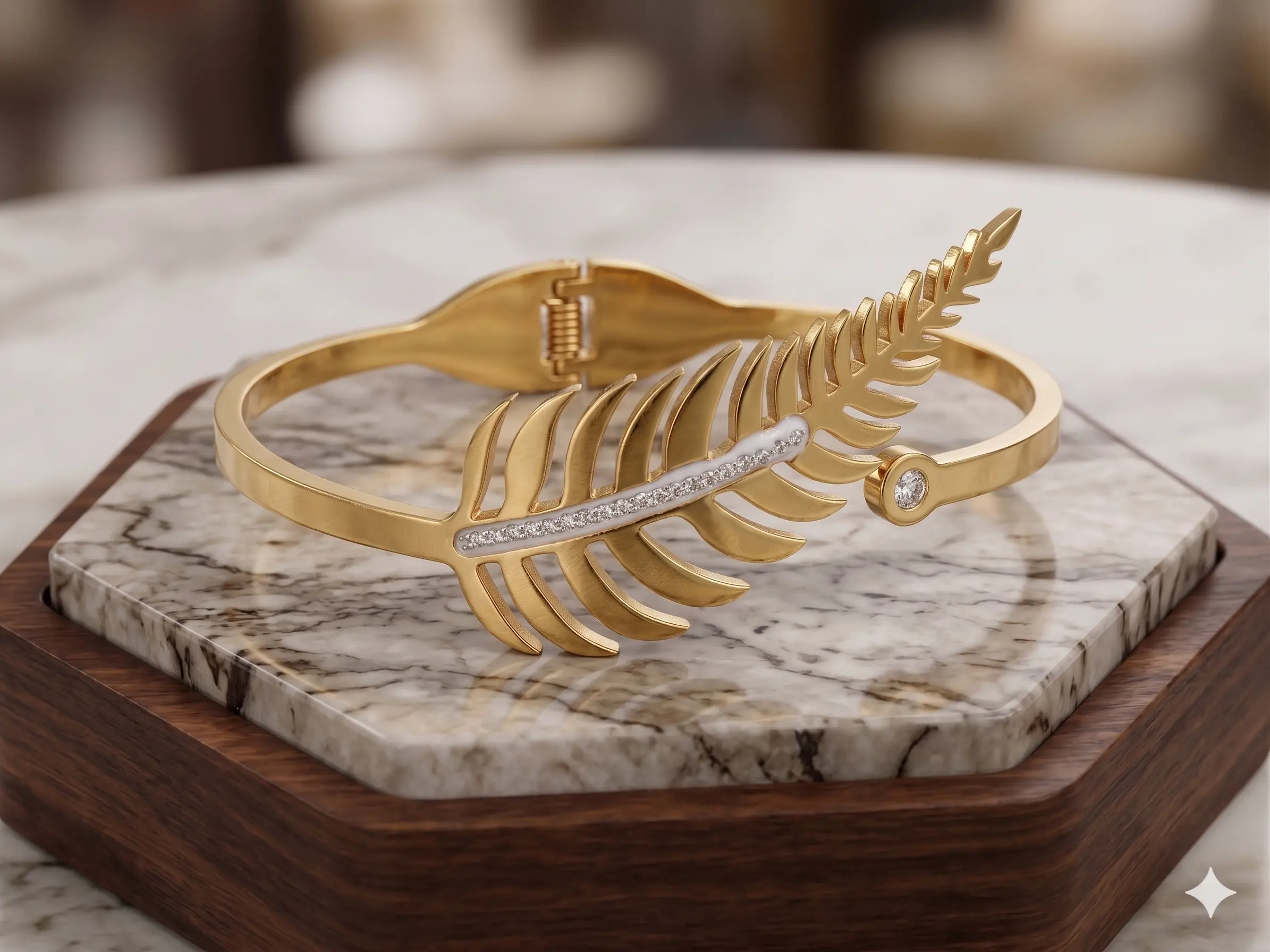 Golden Laurel Feather Bangle – Crystal-Accented Leaf Hinge Bracelet