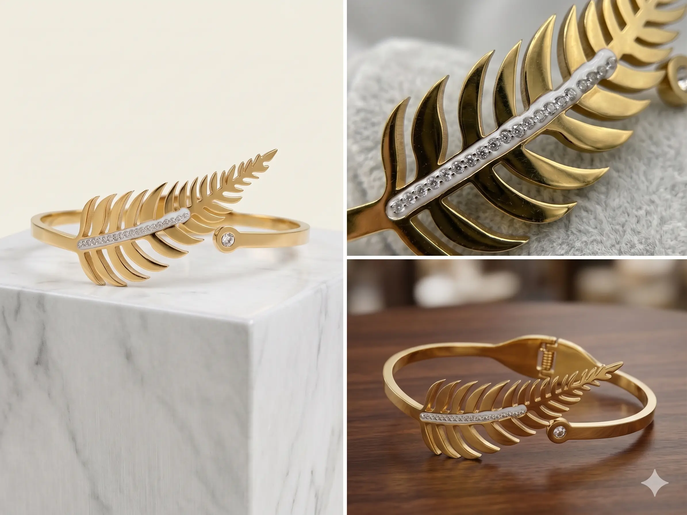 Golden Laurel Feather Bangle – Crystal-Accented Leaf Hinge Bracelet - Image 2