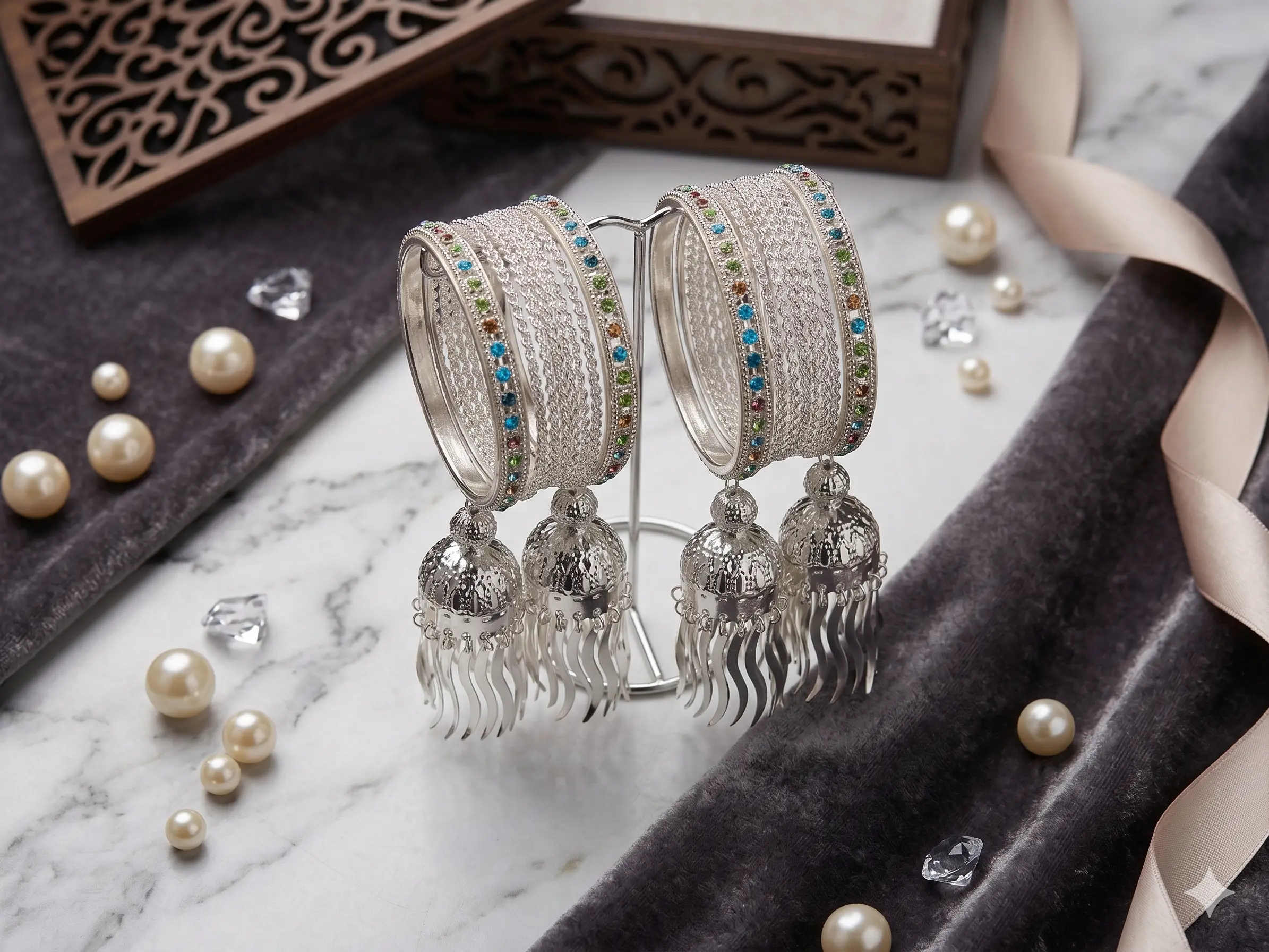 Celestial Jhumki Bangle Stack – Silver-Finish Multi-Stone Chuda Set with Hanging Charms - Image 4