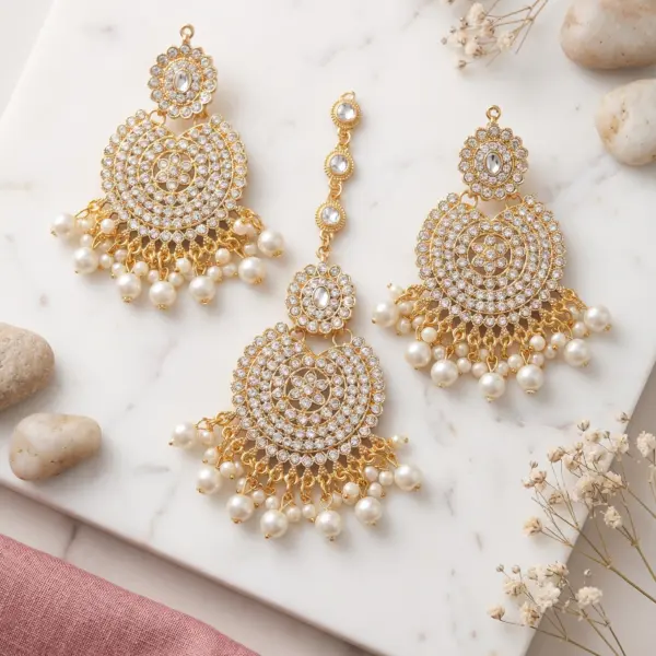 Imperial Mandala Tikka Set – 3-Piece Gold & Crystal Maang Tikka Collection with Pearl Drops