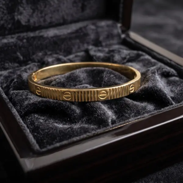 Industrial Ribbed Screw Bangle – Fluted Hinge Bracelet in 18K Gold Finish