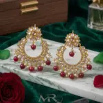 Majestic Kundan Chandbali Drops – Floral Motif Earrings with Ruby-Red Bead Fringe