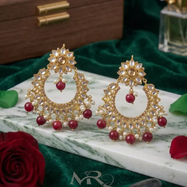 Majestic Kundan Chandbali Drops – Floral Motif Earrings with Ruby-Red Bead Fringe