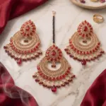 Royal Ruby Blossom Tikka Set – 3-Piece Crimson Chandbali Earrings & Maang Tikka Collection