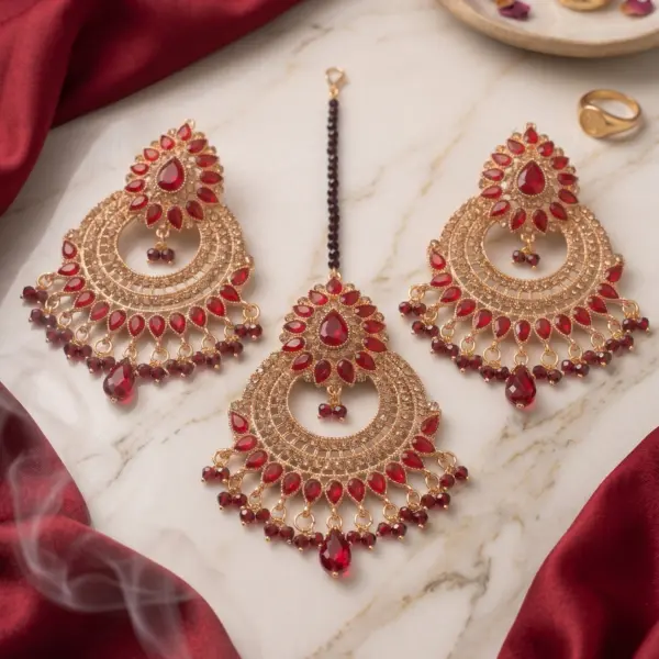 Royal Ruby Blossom Tikka Set – 3-Piece Crimson Chandbali Earrings & Maang Tikka Collection
