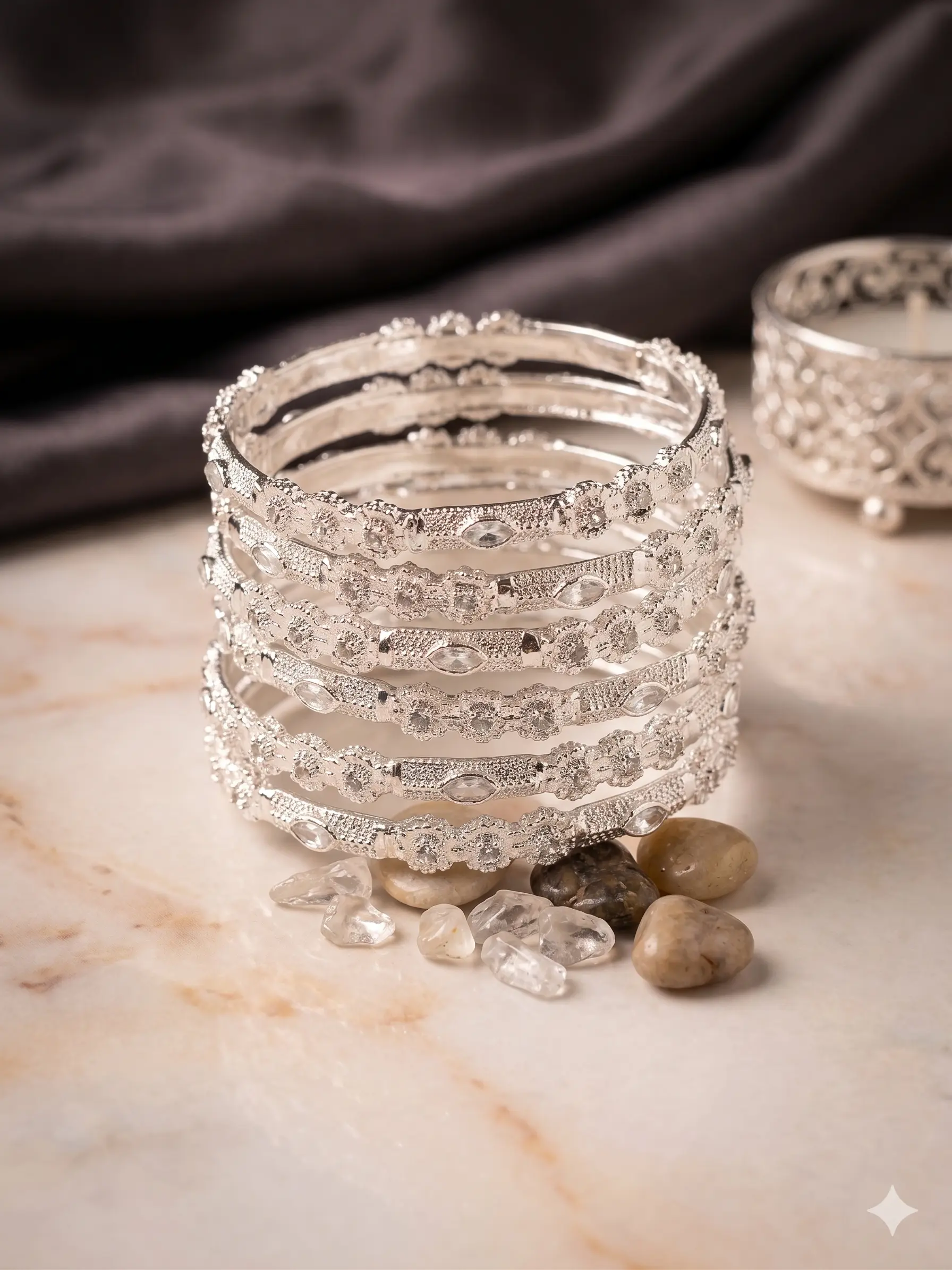 Moonlit Frost Bangle Set – 6-Piece Textured Silver-Finish Bangle Stack