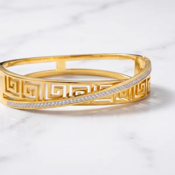 Odyssey Meander Bangle – Greek Key Crossover Hinge Bracelet in Gold