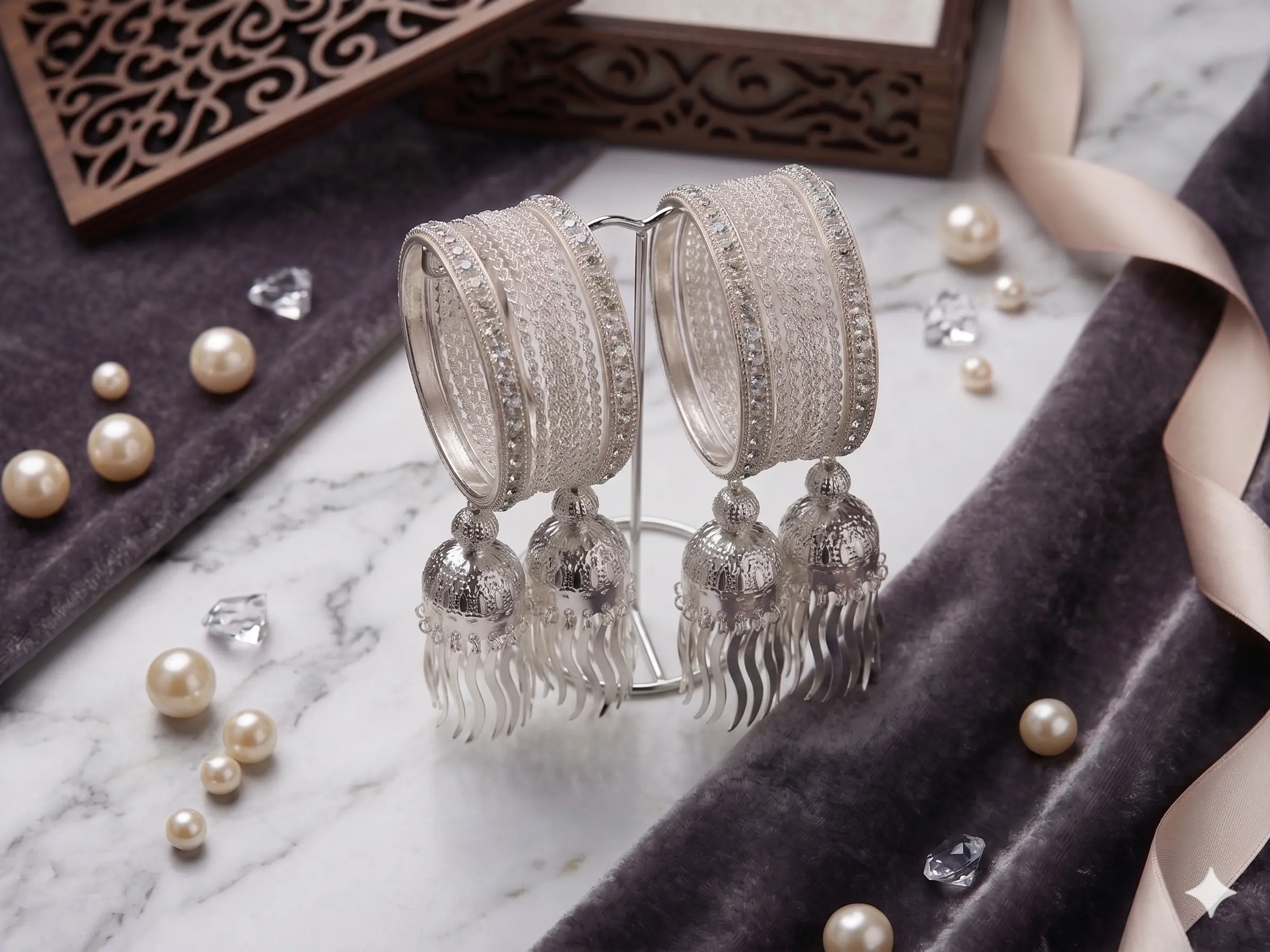 Celestial Jhumki Bangle Stack – Silver-Finish Multi-Stone Chuda Set with Hanging Charms - Image 3