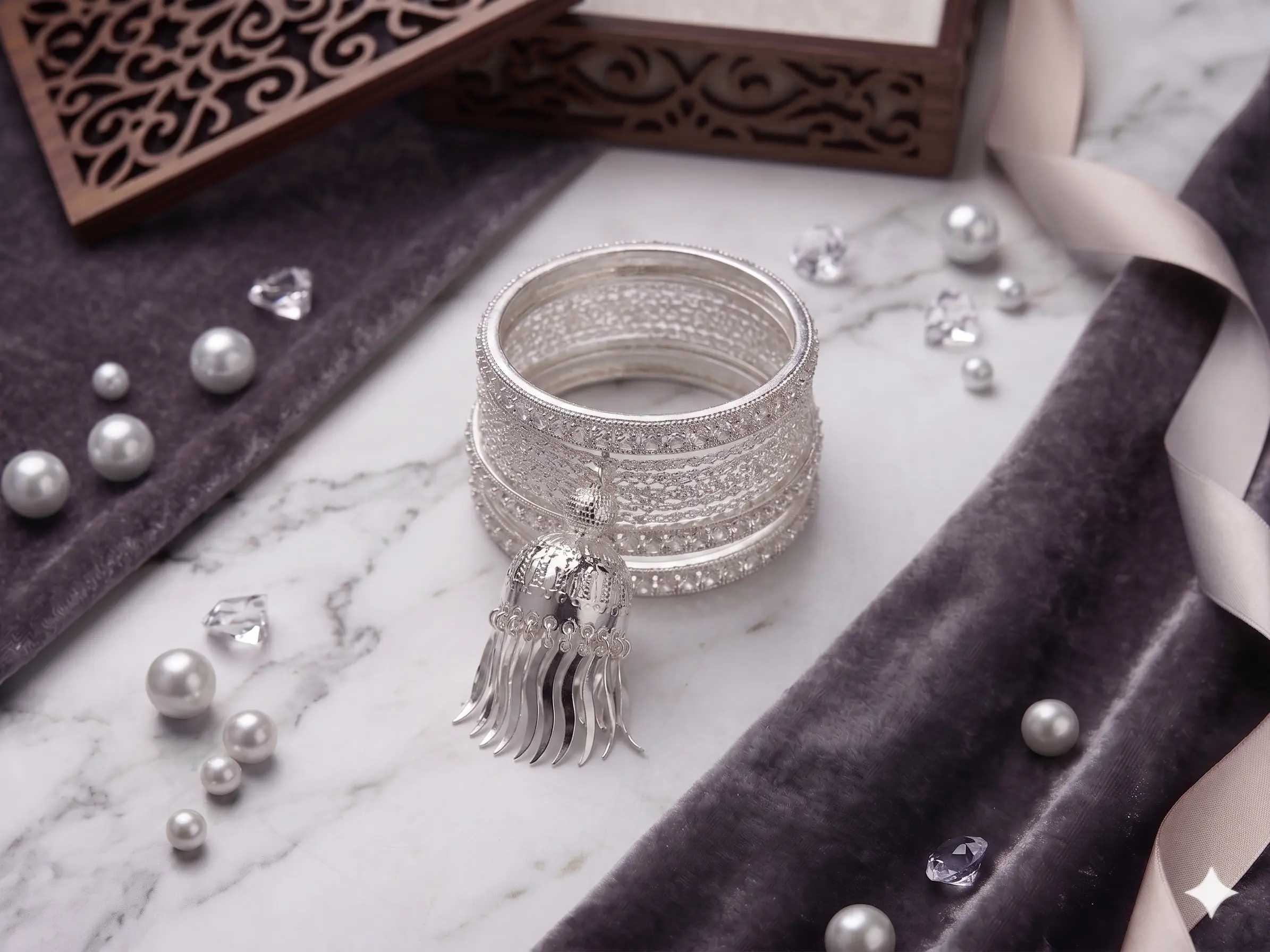 Celestial Jhumki Bangle Stack – Silver-Finish Multi-Stone Chuda Set with Hanging Charms - Image 2