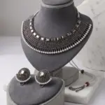Antique Mirror Choker Set – Oxidized Silver Mesh Necklace with Matching Studs & Pearl Accents