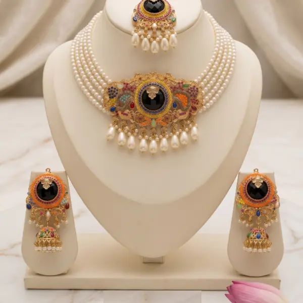 Obsidian Heritage Choker Set – 3 Piece Multi Stone Navratna & Pearl Collection