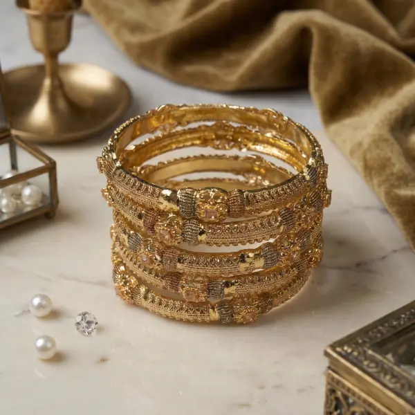 Temple Heritage Bangle Set – 6-Piece Textured Gold-Finish Bangle Stack
