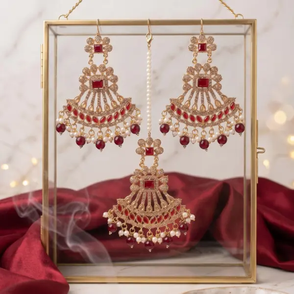 Imperial Fan Tikka Set – 3-Piece Geometric Ruby & Pearl Maang Tikka Collection