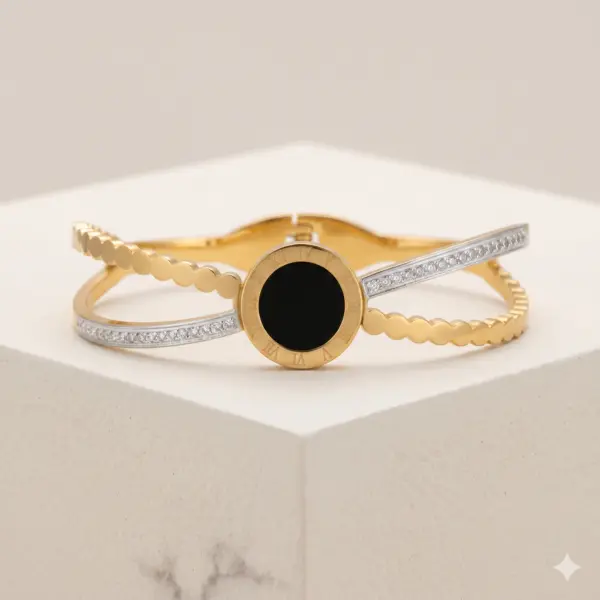 Eclipse Roman Numeral Bangle – Luxury Crossover Hinge Bracelet in Gold & Onyx Black