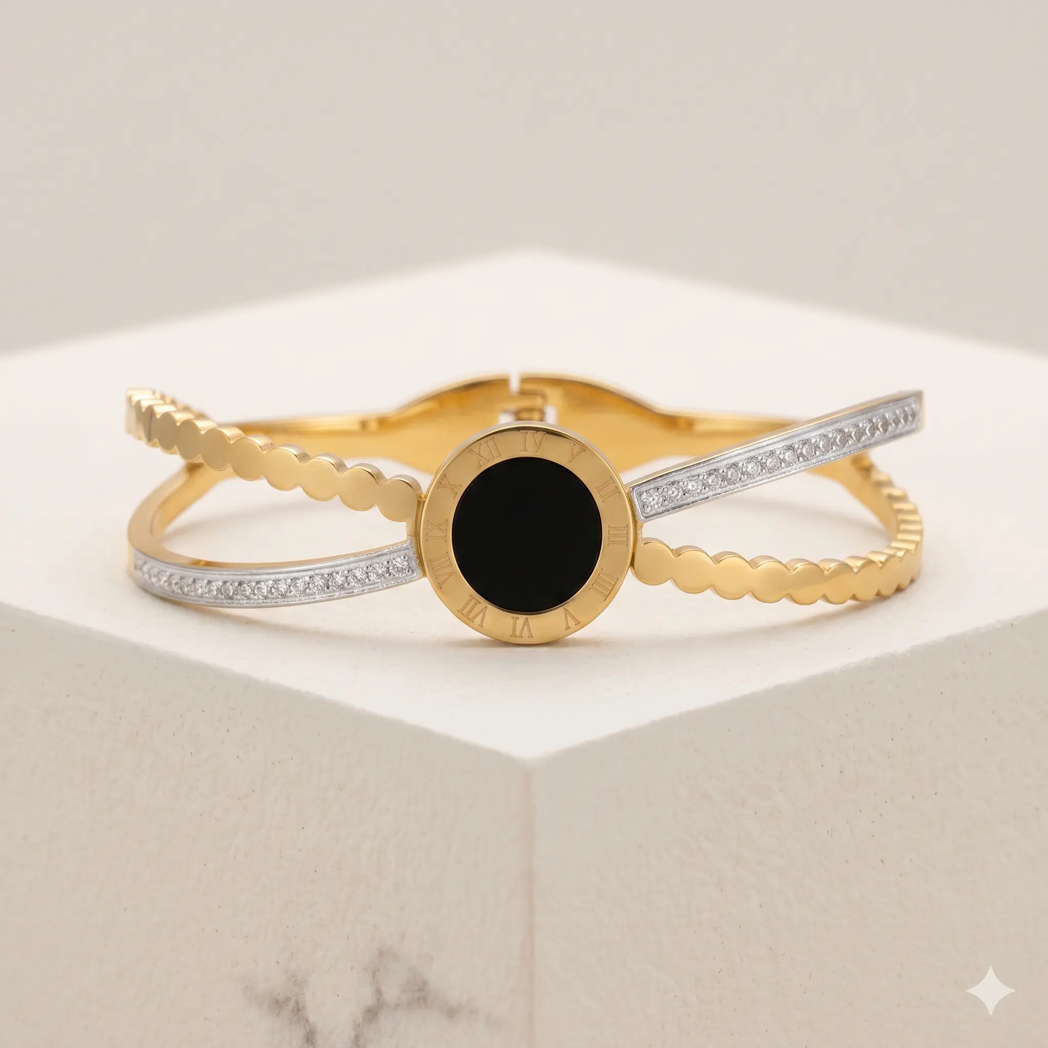 Eclipse Roman Numeral Bangle – Luxury Crossover Hinge Bracelet in Gold & Onyx Black