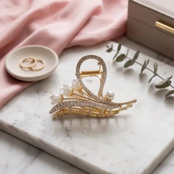 Serene Lily Crystal Hair Claw – Elegant Pearl Accent Clip in Gold Finish