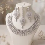 Aurora Diamond-Fire Necklace Set – 3 Piece Silver-Finish Tiered Crystal & Tikka Collection
