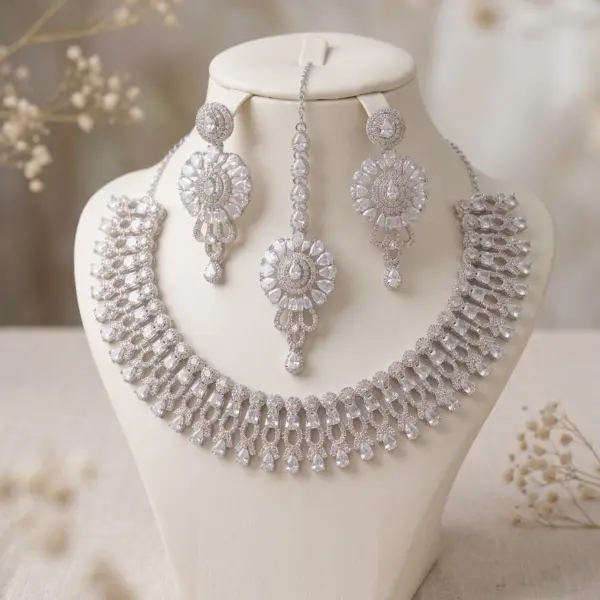 Aurora Diamond-Fire Necklace Set – 3 Piece Silver-Finish Tiered Crystal & Tikka Collection